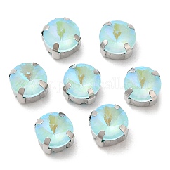 Mocha Fluorescent(MI) Flat Round Sew on Rhinestone, Multi-strand Links, with Brass Prong Settings, Garments Accessories, Aquamarine, 9x6.5mm, Hole: 1mm
