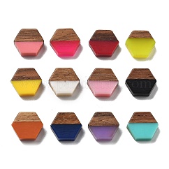 Resin and Walnut Cabochons, Hexagon, Mixed Color, 10x11.5x3mm