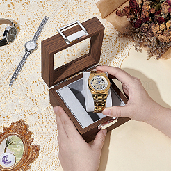 Wood Single Watch Storage Boxes with Visible Glass Window Lid & Embossing Liner and Zinc Alloy Lock&nbsp;CON-WH0112-052