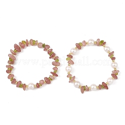 2Pcs 2 Styles Chip Natural Strawberry Quartz & Peridot & Shell Pearl & Brass Beaded Stretch Bracelet Sets for Women&nbsp;BJEW-JB14340