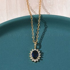Brass Pave Clear and Blue Cubic Zirconia Oval Pendant 304 Stainless Steel Chain Necklaces for Women&nbsp;NJEW-D341-09G