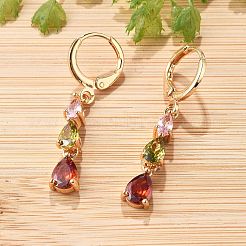 Teardrop Brass Pave Colorful Cubic Zirconia Hoop Earrings for Women&nbsp;EJEW-G428-23G
