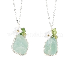 Raw Natural Green Fluorite Nuggets with Flower Wire Wrapped Pendant 304 Stainless Steel Cable Chain Necklaces&nbsp;NJEW-TA00268