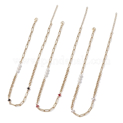 Round White Shell Pearl & Rhombus 304 Stainless Steel Glass Link Chain Necklaces for Women&nbsp;NJEW-JN05586