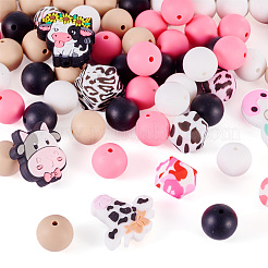 80Pcs Round & Cow Stripe Food Grade Eco-Friendly Silicone Focal Beads&nbsp;SIL-TA0002-68