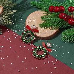 Glass Pearl Braided Christmas Wreath Dangle Stud Earrings&nbsp;EJEW-TA00082