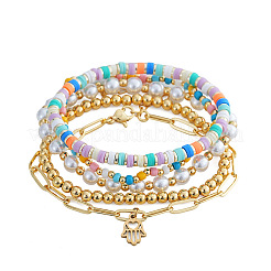 5Pcs 304 Stainless Steel & Handmade Heishi Polymer Clay/Glass Seed Bead/Plastic Bead Stretch Bracelet Sets&nbsp;AF7427-1