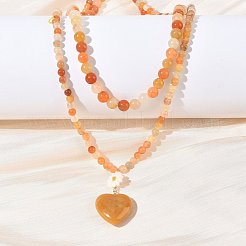 Natural Golden Silk Jade Heart and Flower Pendant Round Beaded Double Layer Necklaces with Brass OT Clasps&nbsp;NJEW-G202-01G