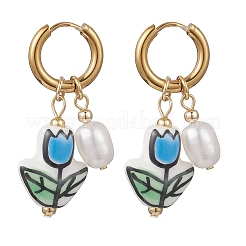 Valentine's Day Handmade Porcelain & Natural Cultured Freshwater Pearl Dangle Earrings&nbsp;EJEW-JE06960