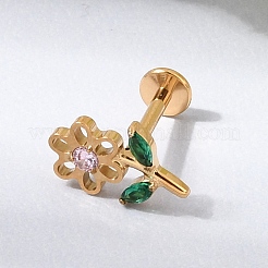 F136 Titanium Pave Pink and Green Cubic Zirconia Flower Internally Threaded Labrets&nbsp;ME-CBA9828-04G