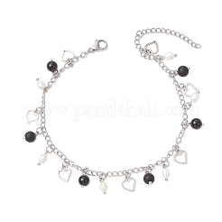 Natural Black Agate(Dyed & Heated) & Natural Pearl & 304 Stainless Steel Heart Tassel Curb Chain Anklets&nbsp;AJEW-AN00697