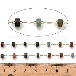 Handmade 304 Stainless Steel Indian Agate Beads Flat Round Link Chains&nbsp;CHS-B011-05G-02