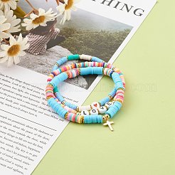 Polymer Clay Heishi Beads Stretch Bracelets Sets for Valentine's Day&nbsp;BJEW-JB06298-01