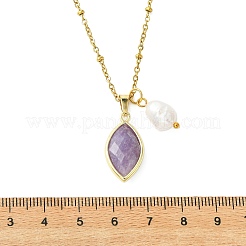Natural Lepidolite Faceted Horse Eye & Natural Pearl Pendant 304 Stainless Steel Satellite Chain Necklaces for Women&nbsp;NJEW-JN06057-02
