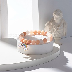 Natural Pink Aventurine Round Beaded Stretch Bracelet with Alloy Rainbow Alloy Charm&nbsp;BJEW-JB07171