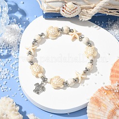 2Pcs 2 Colors Starfish & Turtle Dyed Synthetic Turquoise Beaded Stretch Bracelet Sets&nbsp;BJEW-JB10925