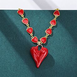 Heart Brass Red Enamel Pendant Necklaces for Women&nbsp;NJEW-G162-03G