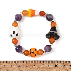Handmade Lampworrk Ghost Pumpkin and Round Natural Amethyst & Red Agate Beaded Stretch Bracelets for Women&nbsp;BJEW-TA00766