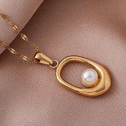 Vintage 304 Stainless Steel and Imitation Pearl Oval Pendant Necklaces for Women&nbsp;FB5128