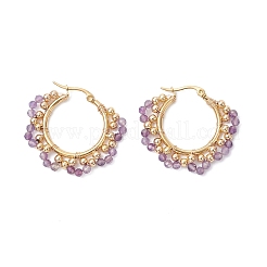 Brass Natural Amethyst Hoop Earrings&nbsp;EJEW-TA00782-03