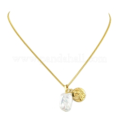 Natural Baroque Keshi Pearl Rectangle & 304 Stainless Steel Angel Coin Pendant Curb Chain Necklaces for Women&nbsp;NJEW-JN06054