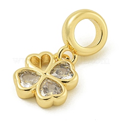 Rack Plating Brass Pave Clear Cubic Zirconia Clover European Dangle Charms&nbsp;KK-Z067-36G