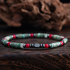 Natural Red Coral & Green Spot Jasper Beads Stretch Bracelets for Men&nbsp;NL0461