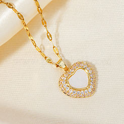 Elegant Heart-shaped Brass Clear Cubic Zircon Pendant Dapped Chain Necklaces for Women&nbsp;MS3018