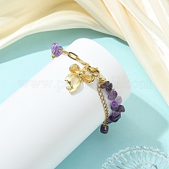 Natural Amethyst Chip Beads 304 Stainless Steel Paperclip Chain Bracelets with Alloy Bowknot Charms&nbsp;BJEW-JB14187-01