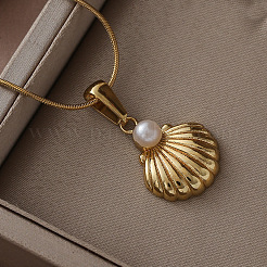 316 Surgical Stainless Steel with Imitation Pearl Shell Shape Pendant Necklaces for Women&nbsp;MG3658