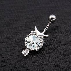 Piercing Jewelry Real Platinum Plated Brass Cubic Zirconia Owl Navel Ring Navel Ring Belly Rings&nbsp;AJEW-EE0001-33A