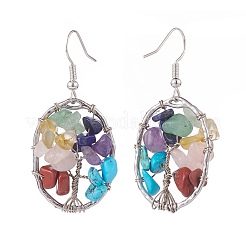 Natural & Synthetic Mixed Gemstone Chips Oval with Tree of Life Dangle Earrings&nbsp;EJEW-JE04880-02