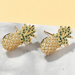 Pineapple Brass Micro Pave Cubic Zirconia Stud Earrings&nbsp;EJEW-A132-09G
