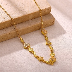 304 Stainless Steel & Brass Micro Pave Clear Cubic Zirconia Heart Horse Eye Hamsa Hand Link Chain Necklaces for Women&nbsp;WG3E65D-01