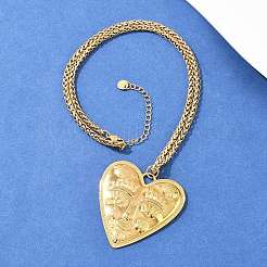 304 Stainless Steel Embossed Human Face Pendant Wheat Chain Necklaces&nbsp;NJEW-P430-03B-G