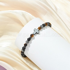 Natural Lava Rock & Tiger Eye & Synthetic Non-magnetic Hematite Beaded Stretch Bracelets for Women Men&nbsp;BJEW-JB13943