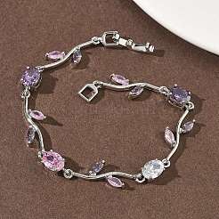Brass Micro Pave Cubic Zirconia Oval & Leaf Link Chain Bracelets for Women&nbsp;BJEW-G764-05P-01