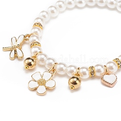 ABS Plastic Imitation Pearl Beaded Stretch Bracelet with Alloy Enamel Charms for Kids&nbsp;BJEW-JB08524
