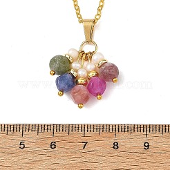 Natural Multicolor Tourmaline Dice Tassel Pendant Brass Cable Chain Necklaces with Natural Pearl for Women&nbsp;NJEW-JN06472