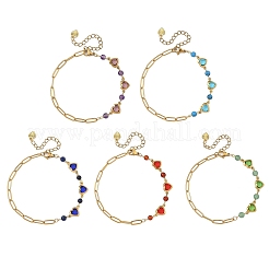 Gemstone Round & Stainless Steel Glass Heart Link Chain Bracelets with Paperclip Chains&nbsp;BJEW-JB14233