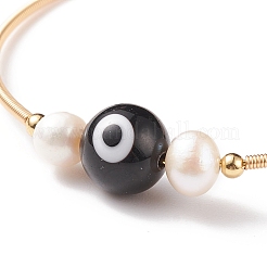 Natural Obsidian & Evil Eye Lampwork & Natural Pearl Beaded Bangle&nbsp;BJEW-JB08463-06