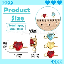 15Pcs 3 Colors Brass Pave Cubic Zirconia Heart Connector Charms&nbsp;KK-YW0004-66