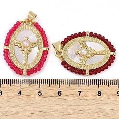 Rack Plating Brass Pave Shell Blessed Virgin Mary Oval Pendants&nbsp;KK-U032-04G