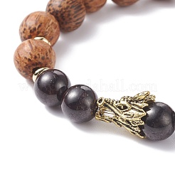 Natural Garnet & Coconut Wood Stretch Bracele with Dragon Head for Men Women&nbsp;BJEW-JB07548-01