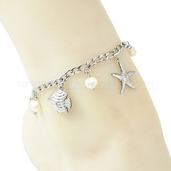 Ocean Natural Pearl & 304 Stainless Steel Starfish Sea Horse Shell Shape Charm Anklets for Women&nbsp;AJEW-AN00826-02