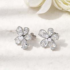 Flower Brass Micro Pave Clear Cubic Zirconia Stud Earrings&nbsp;EJEW-P333-02P