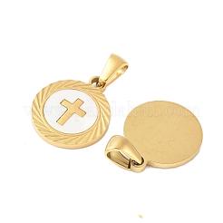 304 Stainless Steel Pave Natural White Shell Flat Round Pendant Necklaces&nbsp;STAS-R168-23G-01