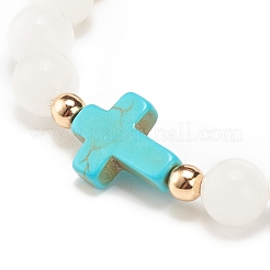 Natural White Jade & Howlite & Synthetic Turquoise(Dyed) Stretch Bracelet with Cross&nbsp;BJEW-JB08295-03