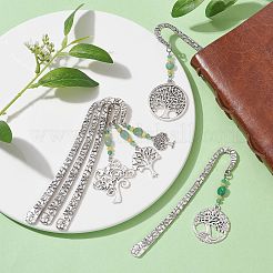 Natural Malaysia Jade & Green Aventurine Beaded Pendant Bookmarks with Alloy Tree of Life&nbsp;AJEW-JK00255