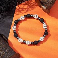 Halloween Skull Synthetic Turquoise & Round Lava Rock & Synthetic Non-Magnetic Hematite Beaded Stretch Bracelets for Women&nbsp;BJEW-JB10656-02